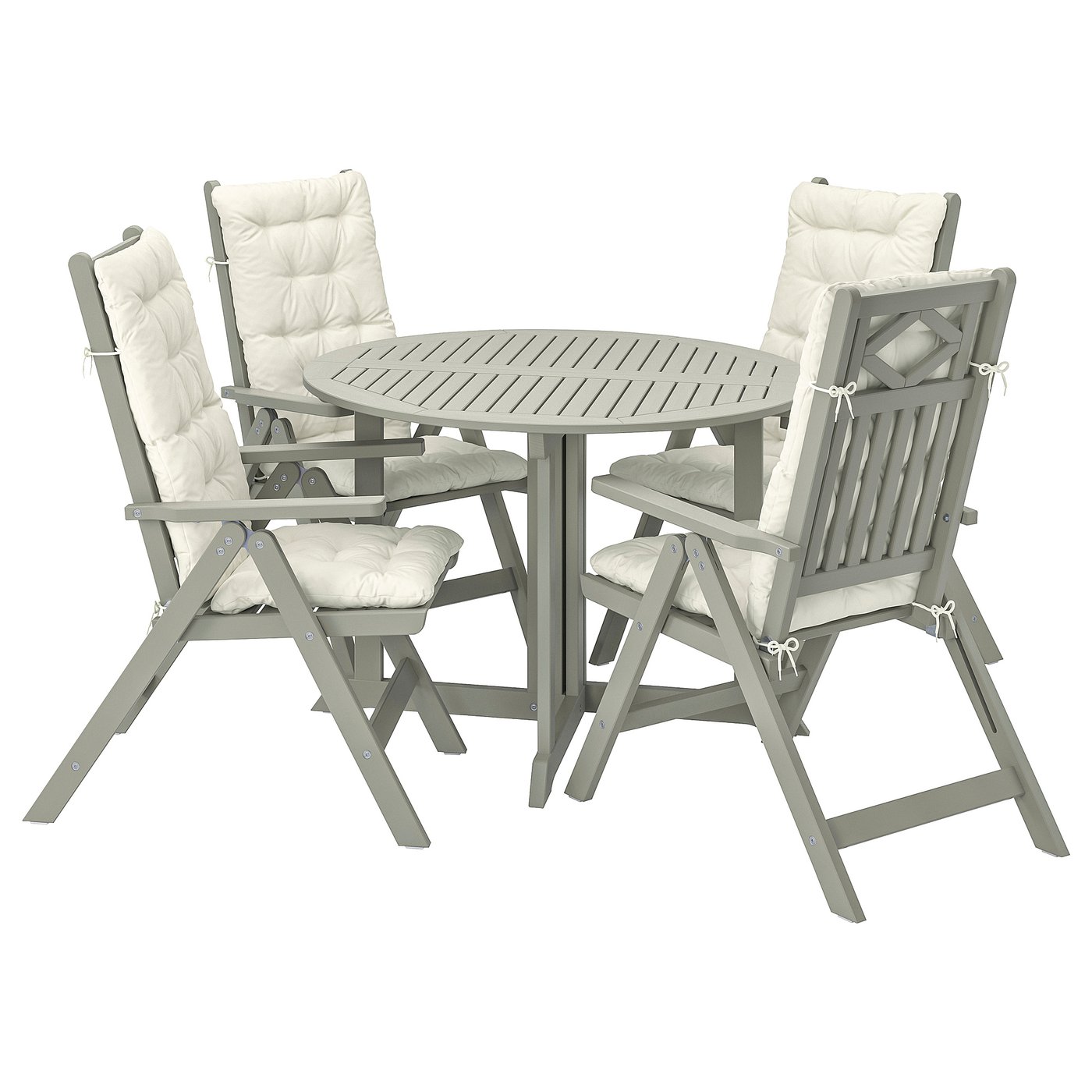 BONDHOLMEN Table + 4 reclining chairs, outdoor, gray stained/Kuddarna