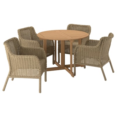 BONDHOLMEN / ULVEVÄR Table and 4 armchairs, outdoor, brown plastic rattan brown, 42 1/2 "