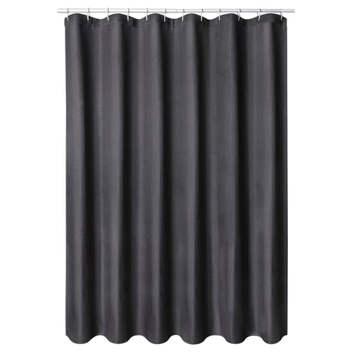 The BORSTALOE shower curtain is black, rectangular, with a textured waffle pattern, made of recycled polyester.