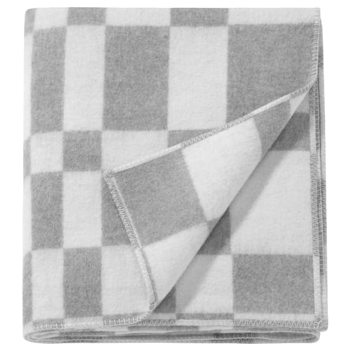 Grey and white checked bedspread, soft fleece, square shape, cosy design.
