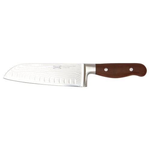 A BRILJERA knife with a stainless steel blade and dark wooden handle. The blade is serrated and has damascus design.