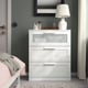 BRIMNES chest with glass top drawer, 3 drawers beside bed, lamp, mirror, decor.