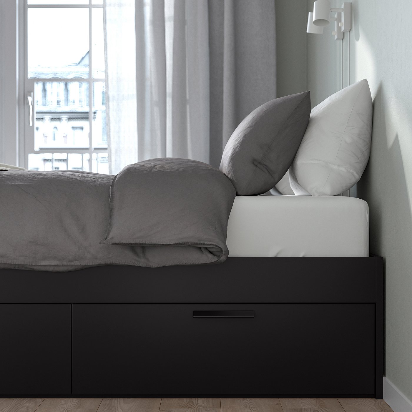 BRIMNES bed frame with storage, black/Lönset, King - IKEA US
