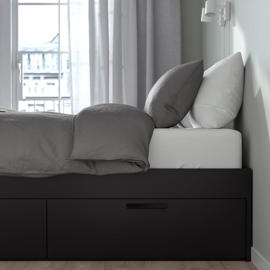 BRIMNES bed frame with storage, black/Luröy, Full IKEA