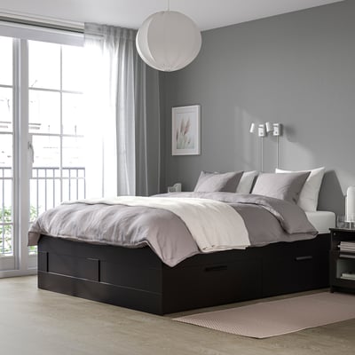 BRIMNES Bed frame with storage, black/Luröy, Queen