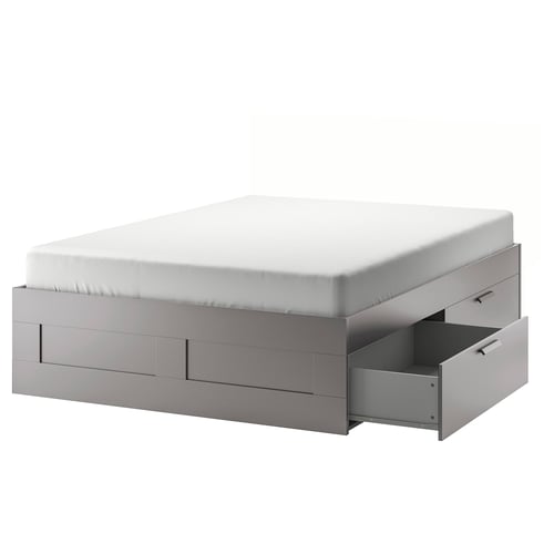 BRIMNES grey bed frame with 4 drawers, modern design.