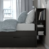 BRIMNES Bed frame with storage & headboard, black/Luröy, Queen