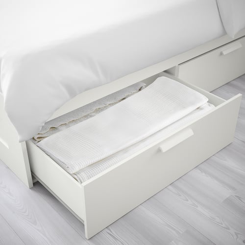 BRIMNES Bed frame with storage, white/Luröy, Queen