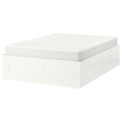 The BRIMNES white platform bed with 4 drawers, featuring clean lines and space-saving design.