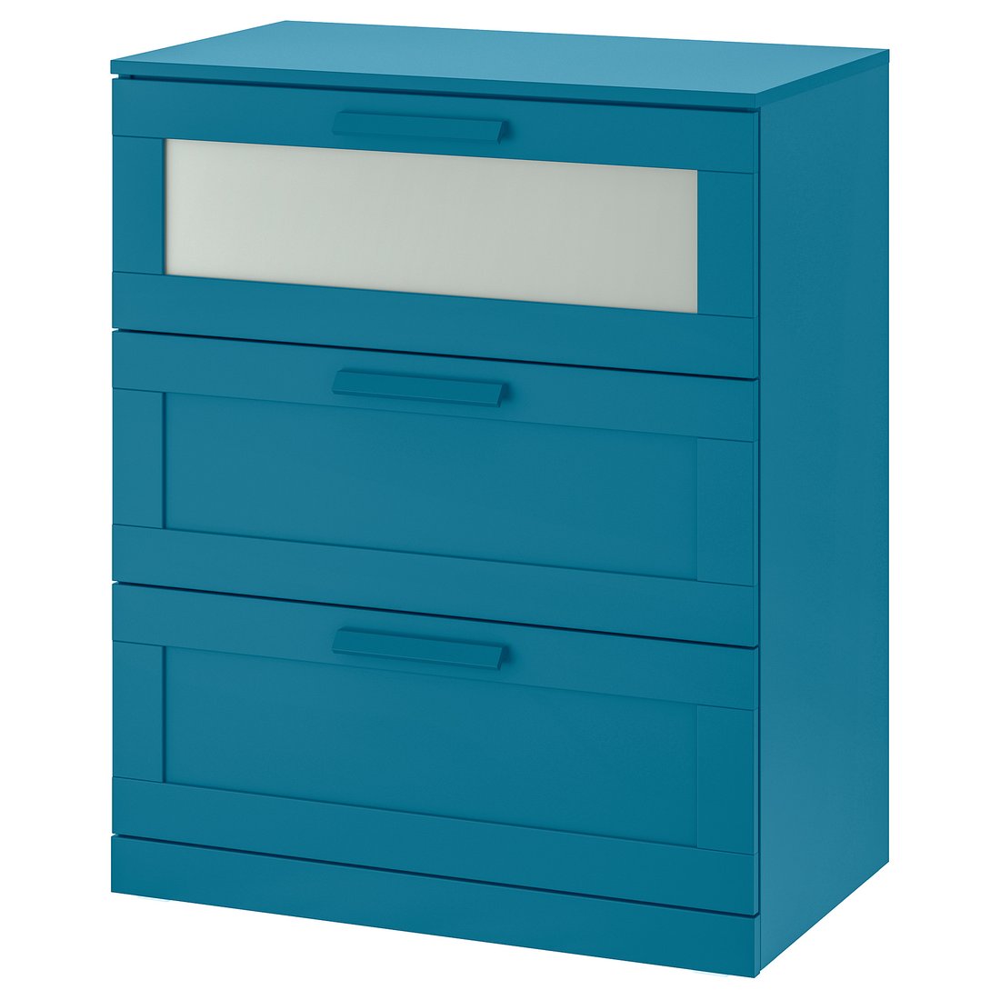 BRIMNES 3drawer chest, dark greenblue, frosted glass, 30 3/4x37 3/8