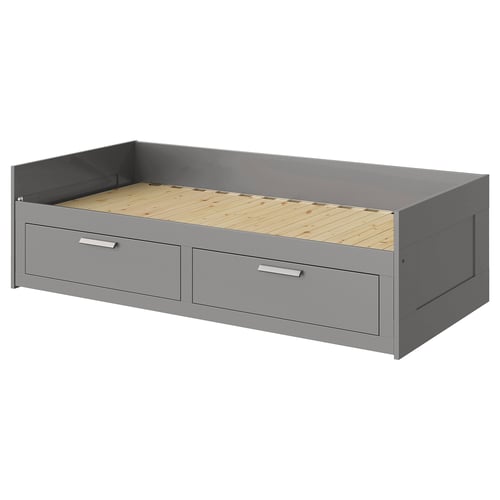 Grey BRIMNES day-bed with 2 drawers, wooden slats, simple modern design.