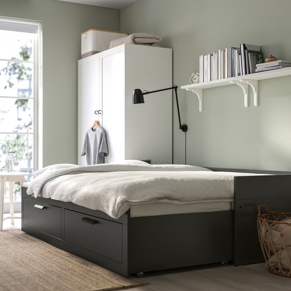 BRIMNES daybed with 2 drawers/2 mattresses, gray/Åsvang medium firm