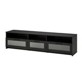 BRIMNES black tv stand: wide, 2 drawers, glass fronts, cable outlets.