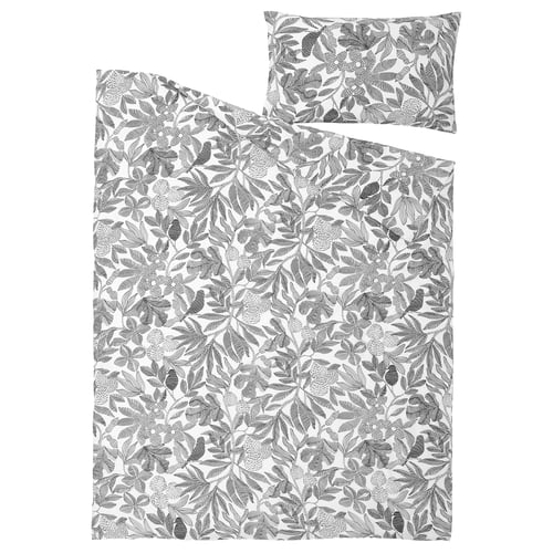 A recycled polyester & viscose duvet set in neutral tones with intricate floral pattern, including cover & pillowcase with smooth finish.