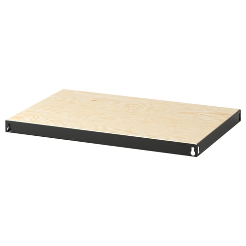A BROR shelf, light brown, rectangular, with a sturdy metal frame, ready for wall mounting.