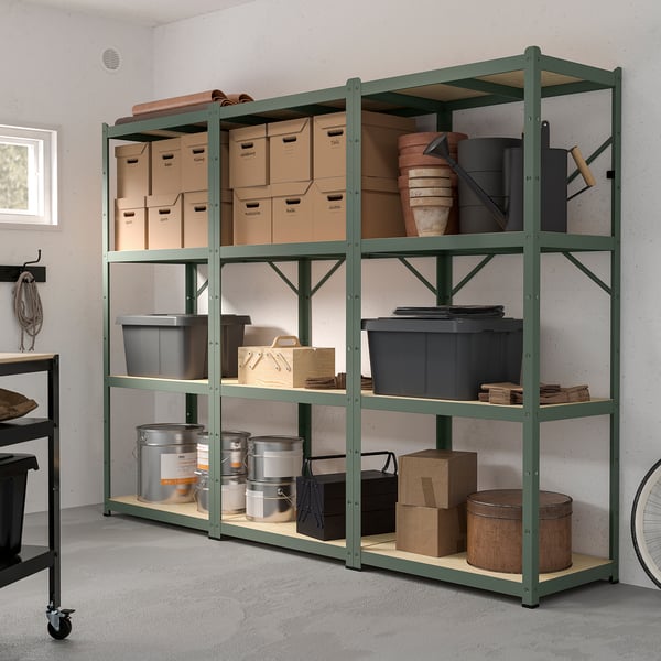 BROR Shelving unit, gray-green/pine plywood, 100x21 5/8x74 3/4 "