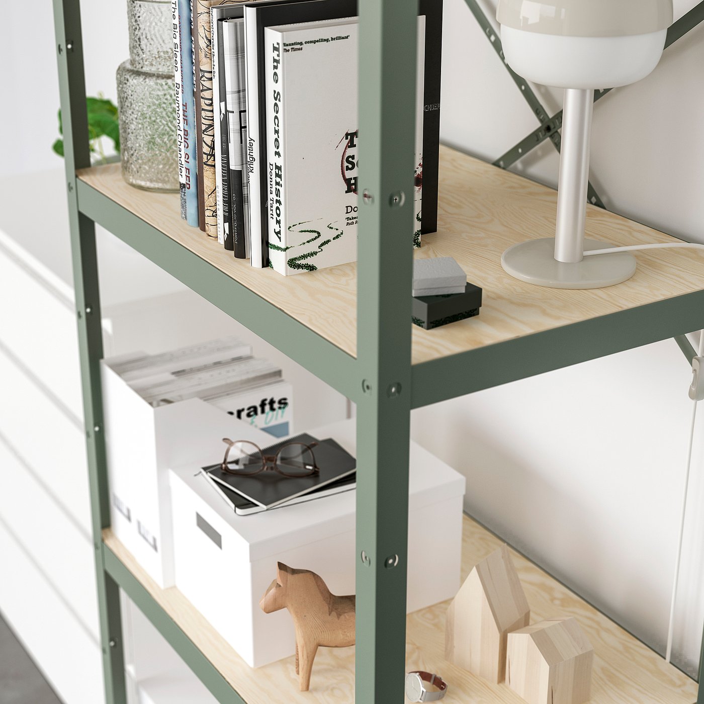 Shelving unit, gray-green/pine plywood 4