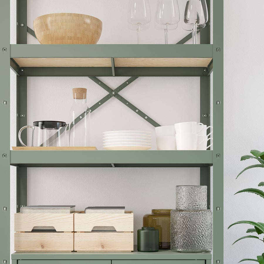 BROR shelving unit with graygreen/pine plywood, 331/2x153