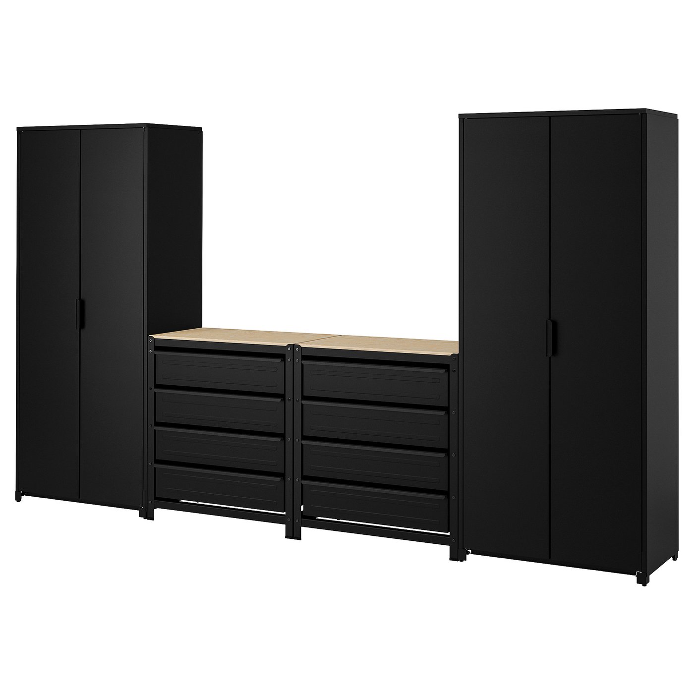 BROR storage combo w/cabinets+workbench, black/pine plywood, 1337