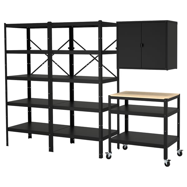 BROR Storage unit with cabinet + cart, black/pine plywood