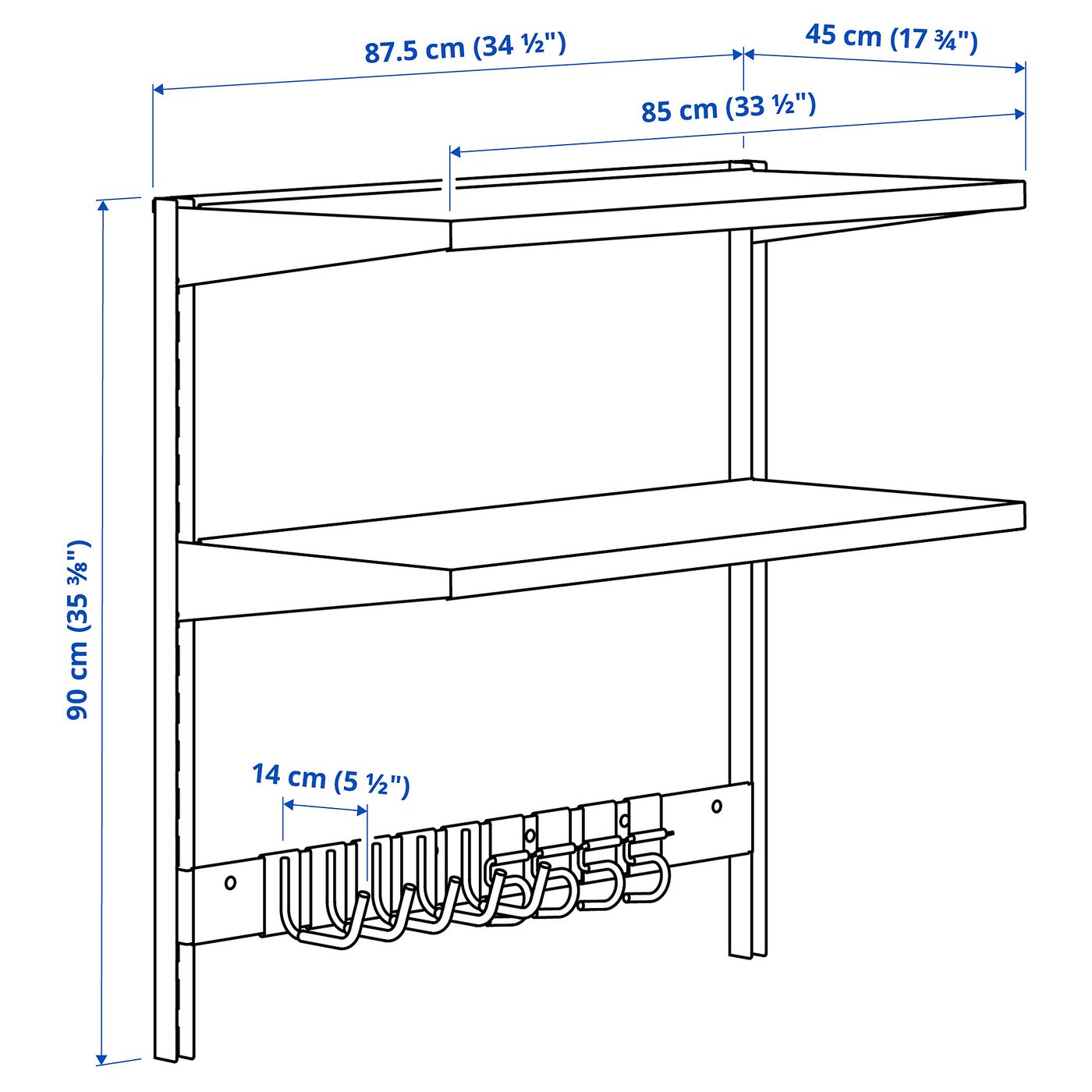 BROR wall shelf combination, with hooks/2 shelves/black, 341/2x173