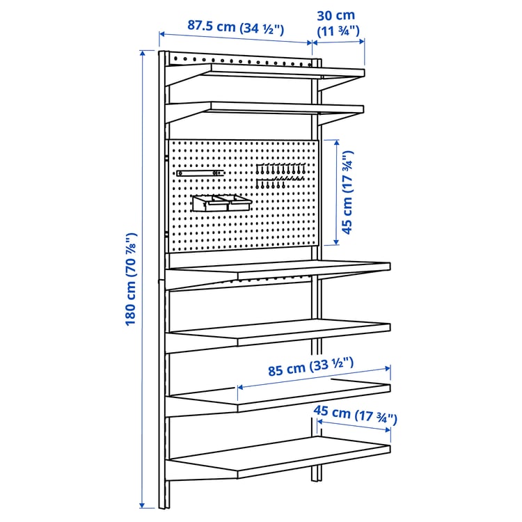 BROR wall shelf combination, with pegboard/black, 341/2x113/4/173/4x707 ...