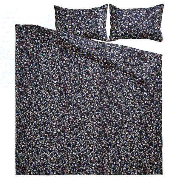 BRUDKRUSBÄR Comforter set, black/floral pattern, King