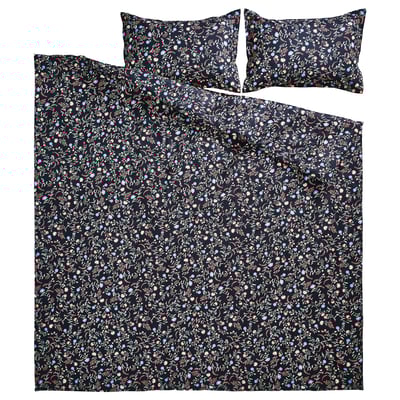 BRUDKRUSBÄR Comforter set, black/floral pattern, Full/Queen