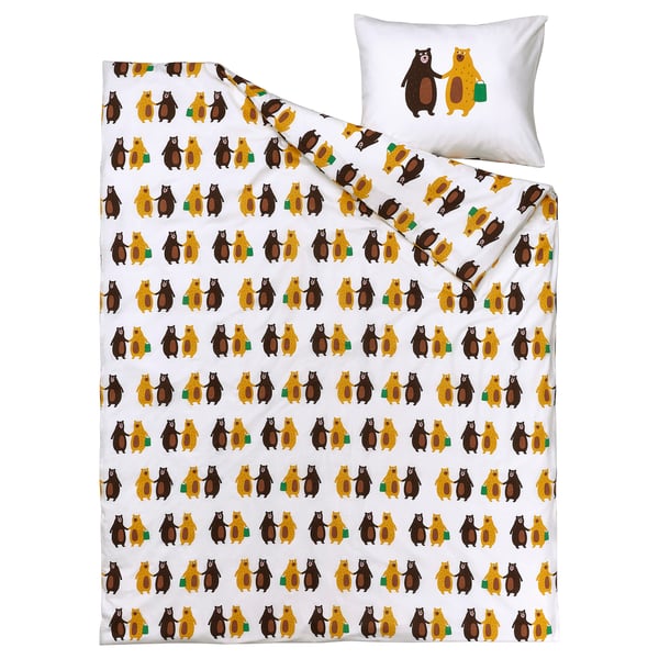 BRUMMIG Duvet cover and pillowcase(s), bear pattern yellow/brown, Twin