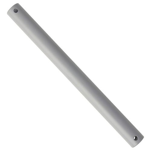 A grey, cylindrical ceiling fan extension rod made of powder-coated steel, with holes at both ends.