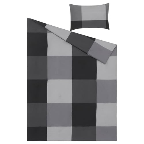 A BRUNKRISSLA bedding set in grey with a chequered design, featuring a comforter and matching pillow sham.