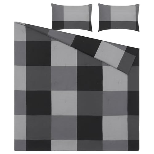 BRUNKRISSLA grey chequered bedding set, soft cotton/viscose, includes comforter and two pillow shams.