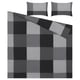 Grey BRUNKRISSLA bedding set, chequered comforter & pillows, cotton/viscose mix, rectangular shapes, large & small.