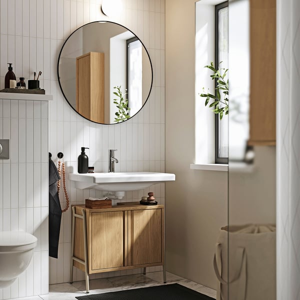 BYASJÖN / TVÄLLEN Bathroom vanity w doors/sink/faucet, oak effect, 26x14 3/8x23 1/4 "