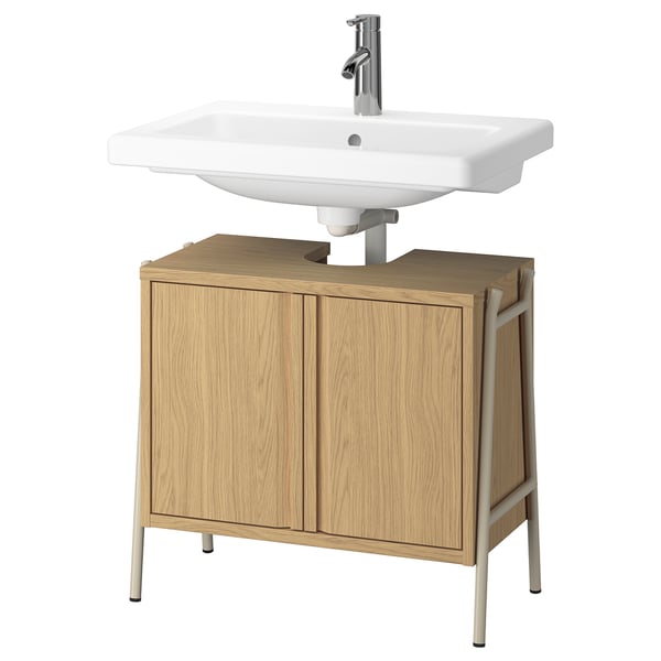 BYASJÖN / TVÄLLEN Bathroom vanity w doors/sink/faucet, oak effect, 26x14 3/8x23 1/4 "