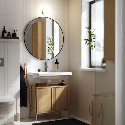 BYASJÖN / TVÄLLEN Bathroom vanity w doors/sink/faucet, oak effect, 26x14 3/8x23 1/4 "