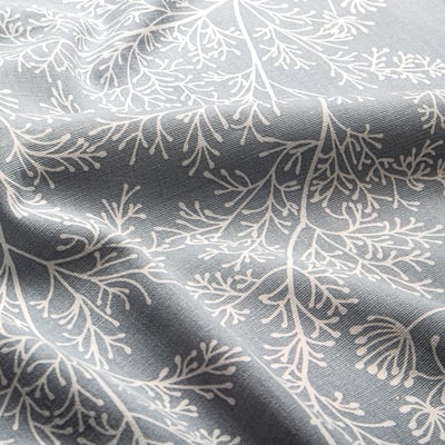 Fabric with white botanical prints on grey, high quality cotton feel, machine washable.