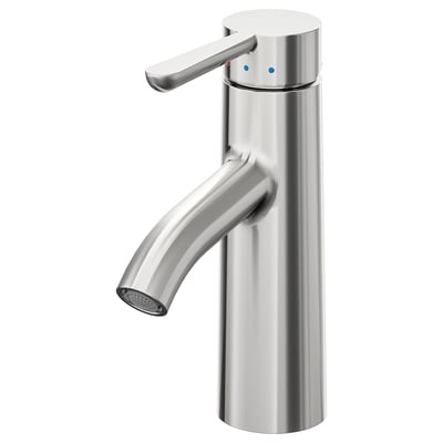 Stainless steel tap, cylindrical body, curved spout, control lever top.