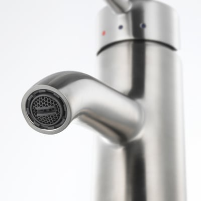 Stainless steel tap, cylindrical body, curved spout, control lever top.