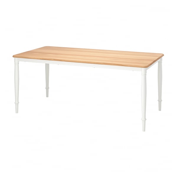 DANDERYD dining table: rectangular, light wood top, white metal legs, sturdy.