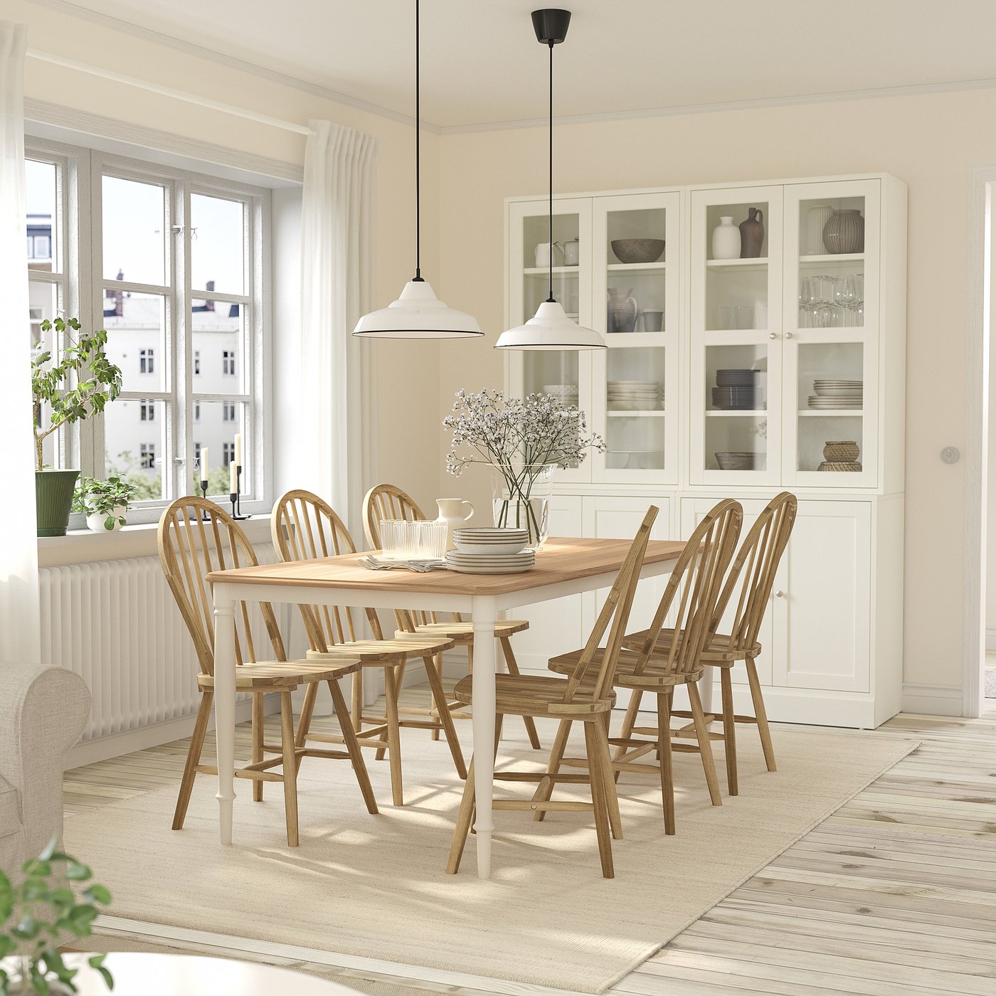 DANDERYD / SKOGSTA table and 6 chairs, oak veneer white/acacia