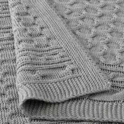 Close-up of a soft, textured grey acrylic throw blanket with intricate knit patterns.