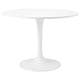 Displays a white round table with a single supporting column, reflecting a modern and minimalist design.