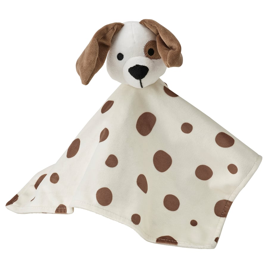 DRÖMSLOTT snuggle blanket with soft toy, puppyshaped white/brown