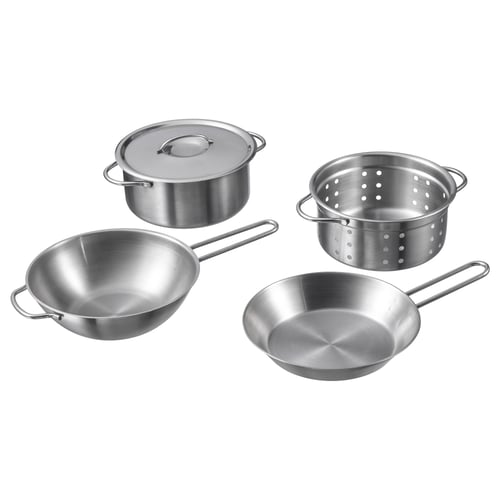 Kids stainless steel cookware set with accessories.