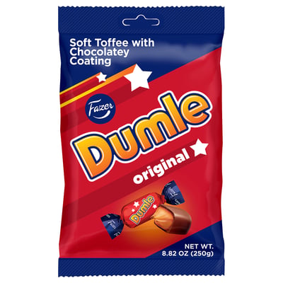 Bag of DUMLE original candy. Red and blue wrapper with chocolate-coated toffee image.