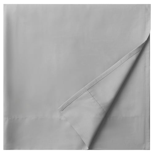 Grey DVALA cotton flat sheet, smooth, even stitching, folded corner.
