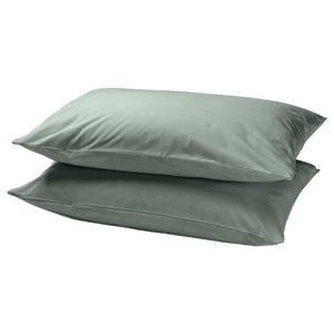Two soft grey-green DVALA pillows stacked neatly, made of 100% cotton, rectangle shape.