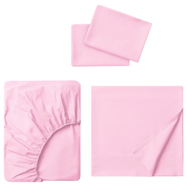 A pink DVALA bed sheet set, including a fitted sheet, a flat sheet, and pillowcases, all made of soft 100% cotton.