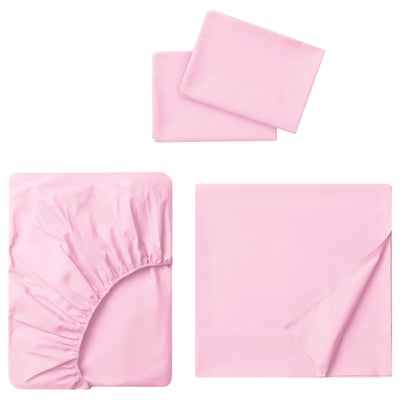 Three pink cotton bed linens displayed: fitted sheet, flat sheet, and pillowcases, white background.